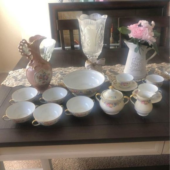 Vintage CREAM floral Victoria Czechoslovakia Czech Handled Porcelain